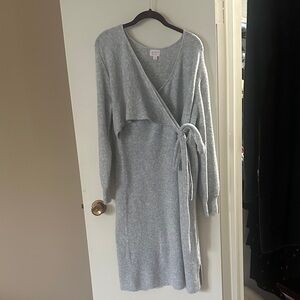 Isabel Maternity Dress Gray Sweater Knit Faux Wrap Dress L